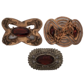 (3 Pc) Art Nouveau Brass & Stone Brooches
