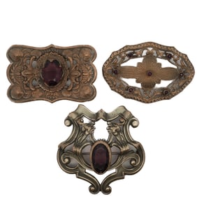 (3 Pc) Art Nouveau Brass & Stone Brooches