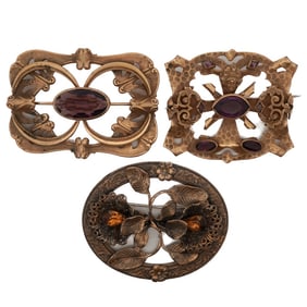 (3 Pc) Art Nouveau Brass & Stone Brooches