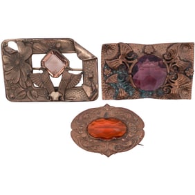 (3 Pc) Art Nouveau Brass & Stone Brooches
