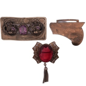 (3 Pc) Art Nouveau Brass & Stone Brooches