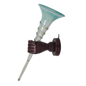 (2pc) Hand Blown Glass Trumpet Mounted In Carved Sconce