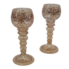 (2pc) Pair of Antique Moser Fritz Heckert Enameled Glass Hock Glasses
