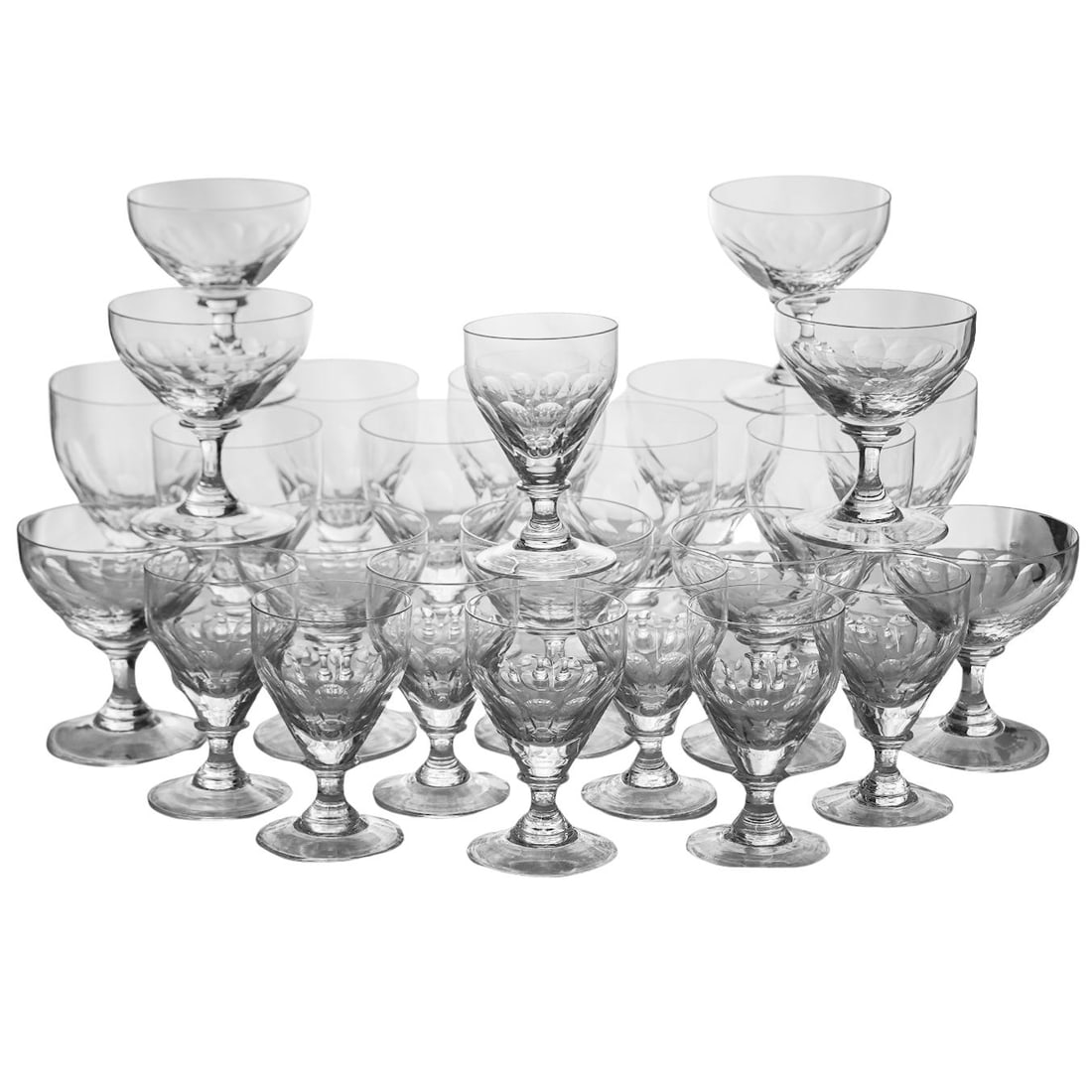 (26pc) Val St. Lambert Faceted Crystal Riviera Clear Glasses: (26pc) Val St. Lambert Faceted Crystal Riviera Clear Glasses20th century , Belgium26pc Lot of Vintage Val St. Lambert faceted Crystal 9 water, 8 wine, 9 champagne Glasses.The "Riviera Clear" pattern w