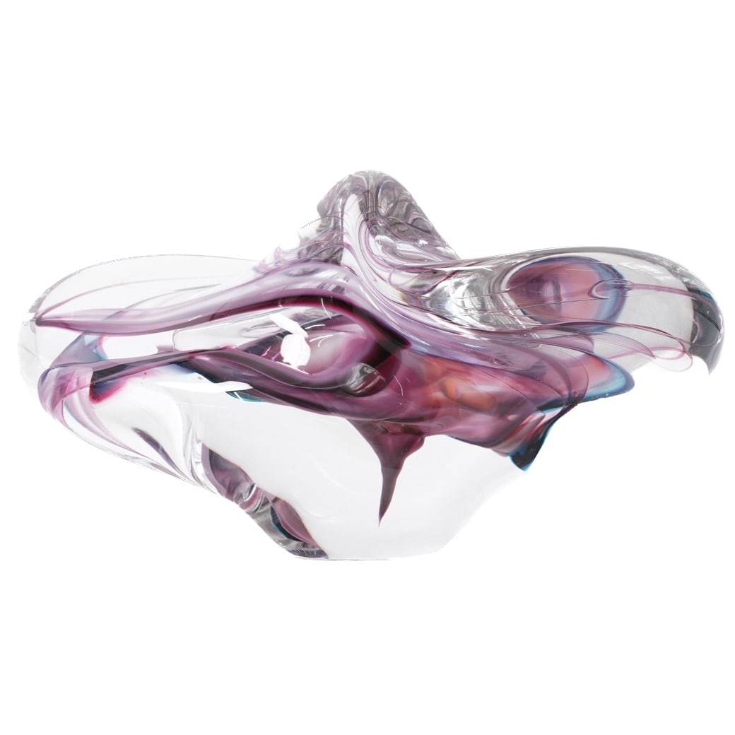 Signed Mid-Century Art glass Sculpture: Signed Mid-Century Art glass Sculpture20th century , USAVintage Mid-century Murano style free form Art glass Paperweight Sculpture signed 11/93.The sculpture featuring rippling ribbons of blue and pin