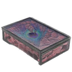 Signed "Halas" Natural Peacock Feather Mirrored Glass Box