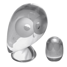 (2pc) Steuben Crystal Owl Paperweight Figurines