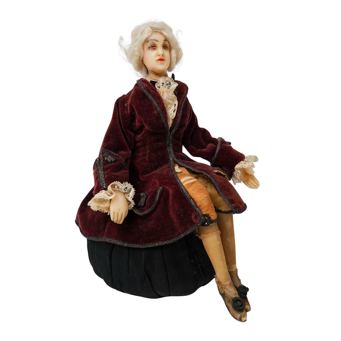 Antique French Wax Portrait Doll: Antique French Wax Portrait DollLate 19th to Early 20th Cent., FranceAntique French wax portrait doll, styled in the fashion of an 18th century French court gentleman. The head, hands, and legs are ha