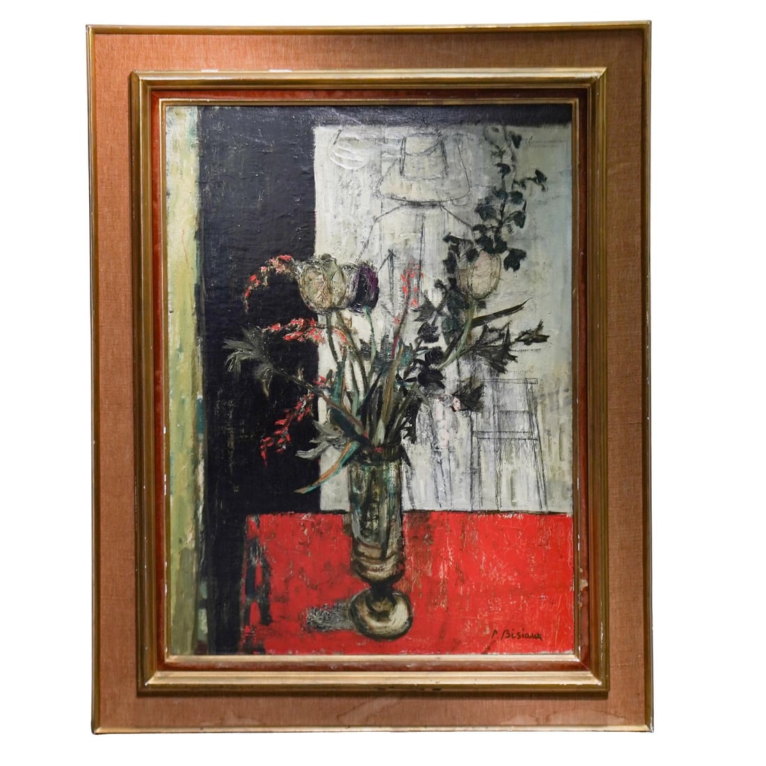 Pierre Bisiaux (French, 1924-2005) Still Life Flower Painting: Pierre Bisiaux (French, 1924-2005) Still Life Flower Painting 20th c., France Still life on canvas painting depicting a vase of flowers among bold blocks of black, white, and red, with the vague outli