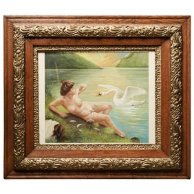 Signed "J. Wacha" Antique Leda and the Swan Painting