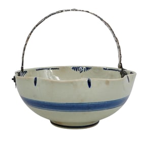 Antique Dutch Delftware Porcelain Floral Bowl with Silver Handle