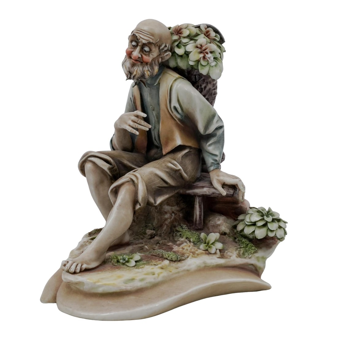 Antonio Borsato Italian (1919-1982) "Foot Loose" Porcelain: Antonio Borsato Italian (1919-1982) "Foot Loose" Porcelain 20th century, Italy Antonio Borsato Italian (1919-1982) Porcelain Figurine titled " Foot loose" . It depicts a seated men with a basket bow f
