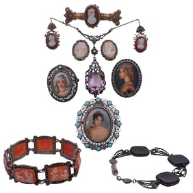 (9 Pc) Victorian Silver & Brass Jewelry Lot