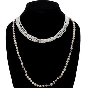 (2 pcs) Natural Pearl Necklaces with 14K Gold Accents and Clasps