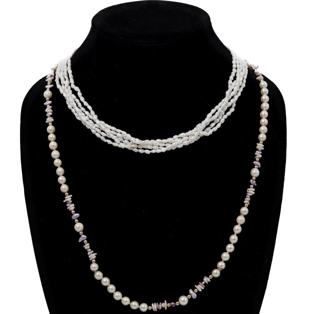 (2 pcs) Natural Pearl Necklaces with 14K Gold Accents and Clasps: (2 pcs) Natural Pearl Necklaces with 14K Gold Accents and Clasps20th century, ContinentalA set of two natural pearl necklaces. Total weight: 62 grams.x1 Natural pearl necklace with 14k gold beaded acc