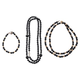 (3 pcs) Onyx Beaded with 10k Gold, Gilt Accents and Clasps
