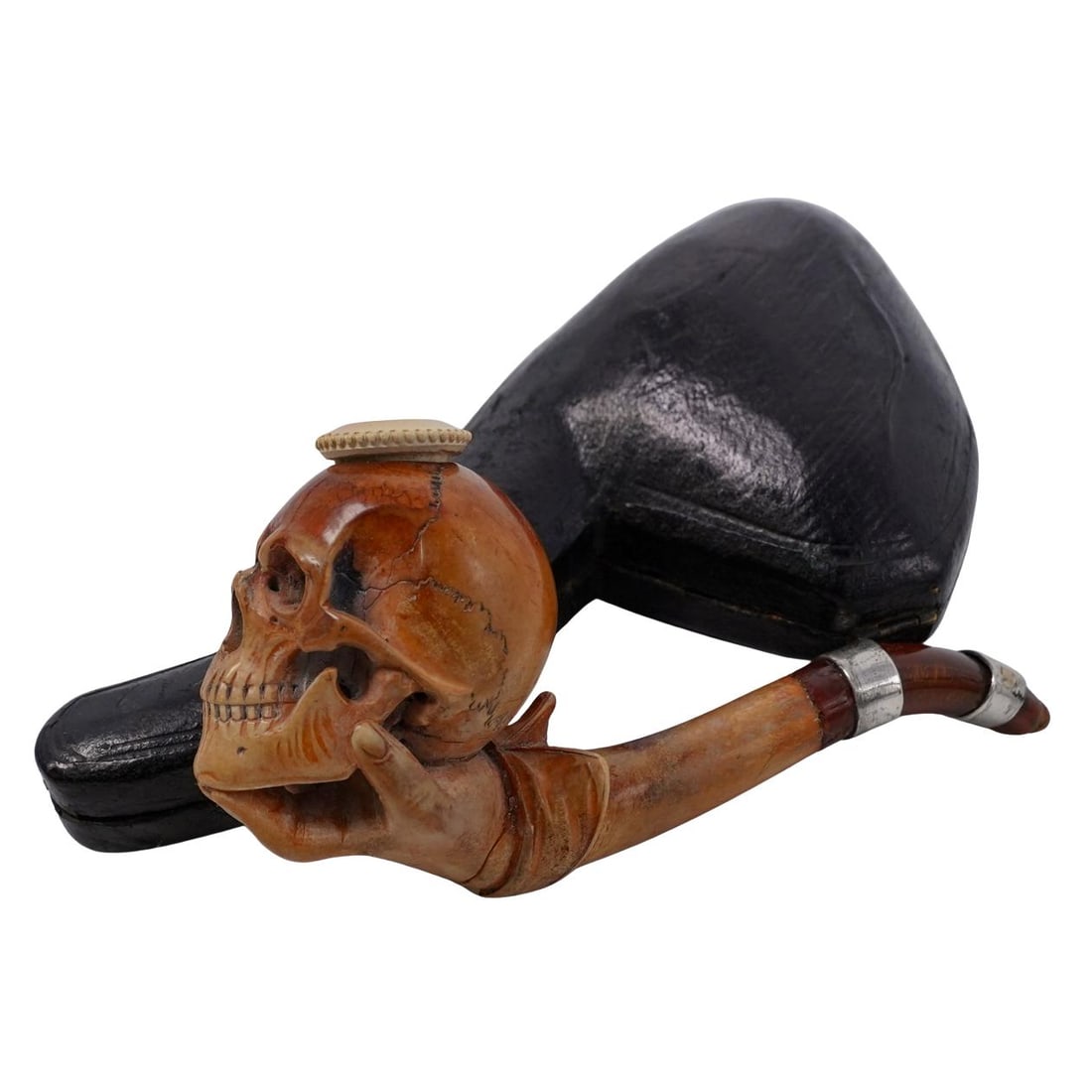 Antique "L. Goetsch" Meerschaum Carved Skull Pipe With Original Fitted Case (1 of 5)