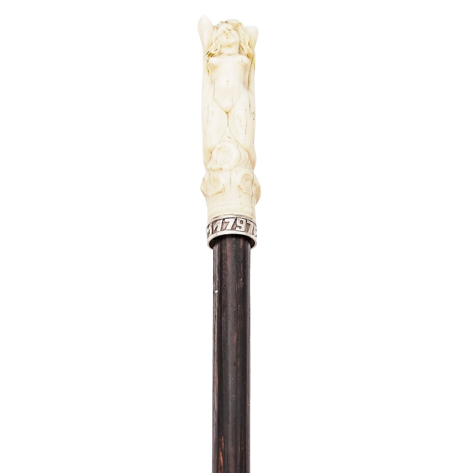 Art Nouveau Nude Woman Carved Bone & Wood Walking Stick: Art Nouveau Nude Woman Carved Bone & Wood Walking Stick20th c., ContinentalDark wood walking stick featuring a carved bone handle depicting a nude woman kneeling on flowers with her arms above her hea