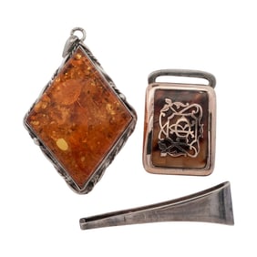(3 Pc) Sterling Silver and Amber Pendant & Clips