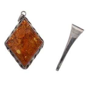 (2 Pc) Sterling Silver and Amber Pendant & Clips