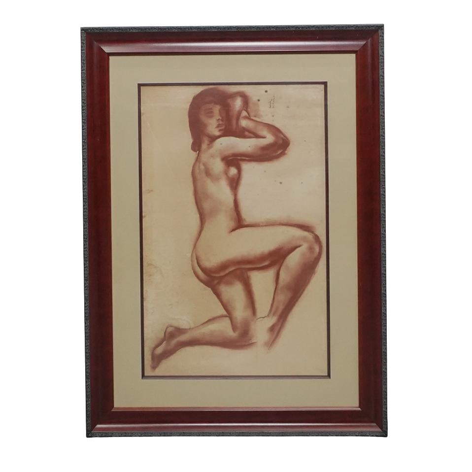 Signed Nude Pastel Sanguine Painting: Signed Nude Pastel Sanguine Painting20th century , ContinentalNude Pastel sanguine, red chalk on paper Drawing signed & dated 1931 in Roman numerals. The painting depicts a nude female in relaxed pose