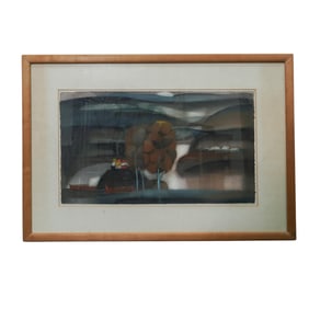 Signed Gouache Dark Abstract Landscape Painting