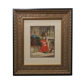 Francois Joseph Girot (French, 1873-1916) "Cardinal with the Blue Ara & Cat" Watercolor Painting
