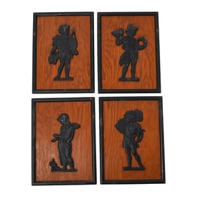 (4pc) Vintage Cast Iron Flat Wall Plaques Mounted On Wood Panels