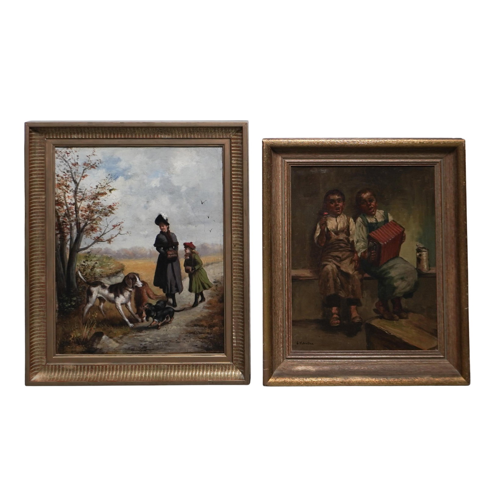 (2 Pc) Antique 19th C. Oil on Canvas Rural Paintings: (2 Pc) Antique 19th C. Oil on Canvas Rural Paintings 1800s, Continental Outdoor scene depicting a woman and young girl watching their hunting dog and two puppies play with a fox that they caught. The 