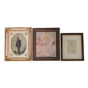 (3pc) Vintage Oil On Canvas and Drawing On Paper Paintings
