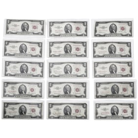 (15 Pcs) 1953/1963 Red Stamp $2 US Bank Notes