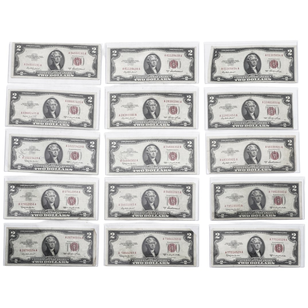 (15 Pcs) 1953/1963 Red Stamp $2 US Bank Notes (1 of 4)