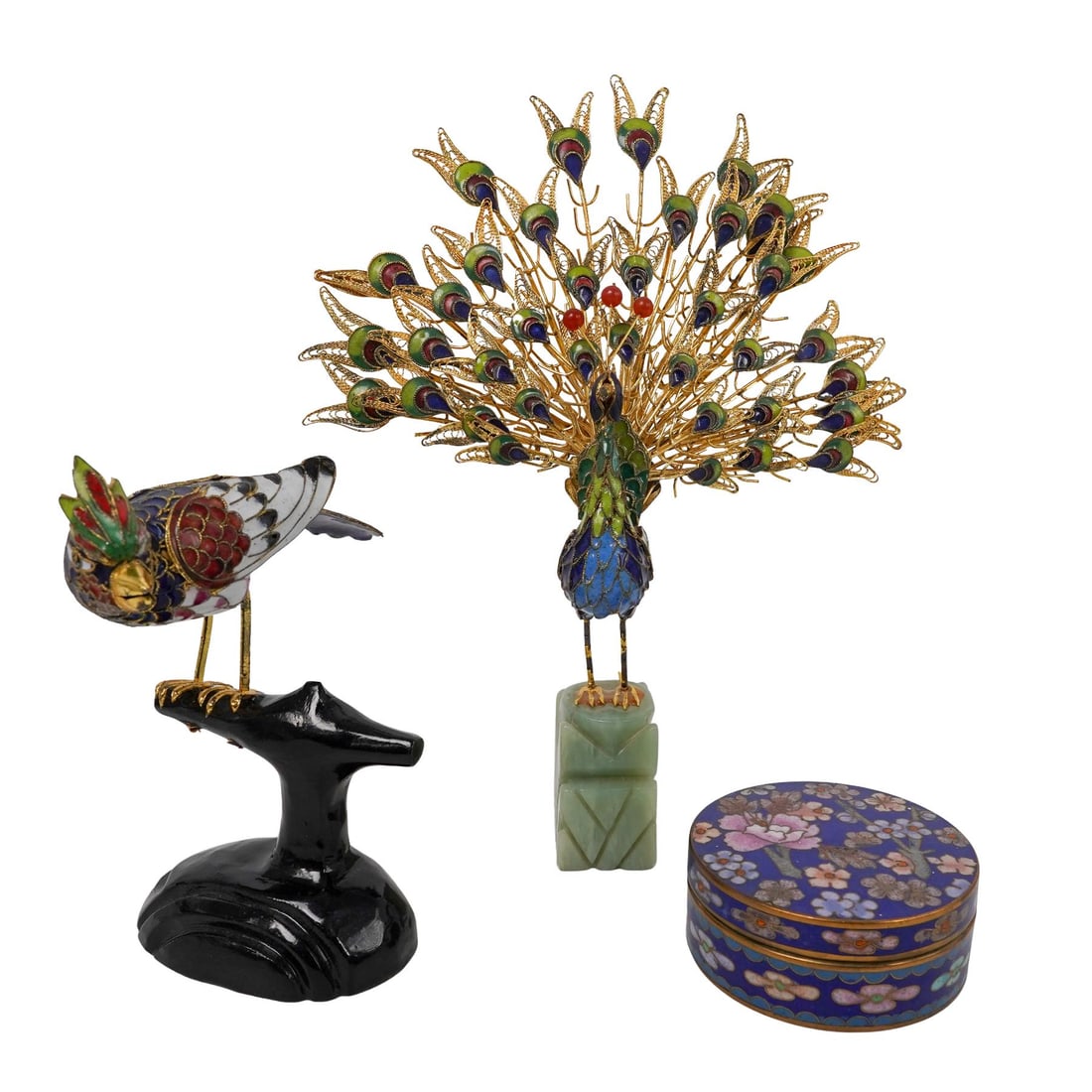 (3pc) Vintage Cloisonné Enamel Peacock Perched Bird and Box Grouping (1 of 11)