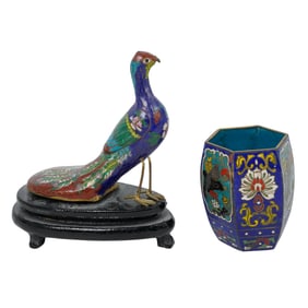 (2 Pc) Chinese Bronze Cloisonné Peacock and Box