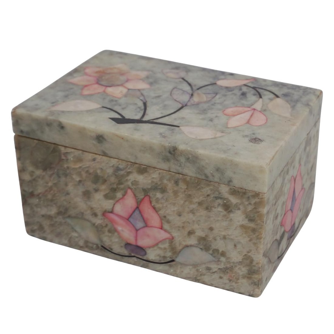 Vintage Soapstone with Flower Inlay Trinket Box: Vintage Soapstone with Flower Inlay Trinket Box20th Cent. IndiaVintage handcrafted soapstone trinket box featuring an elegant floral inlay designH: 2.10" W: 4"