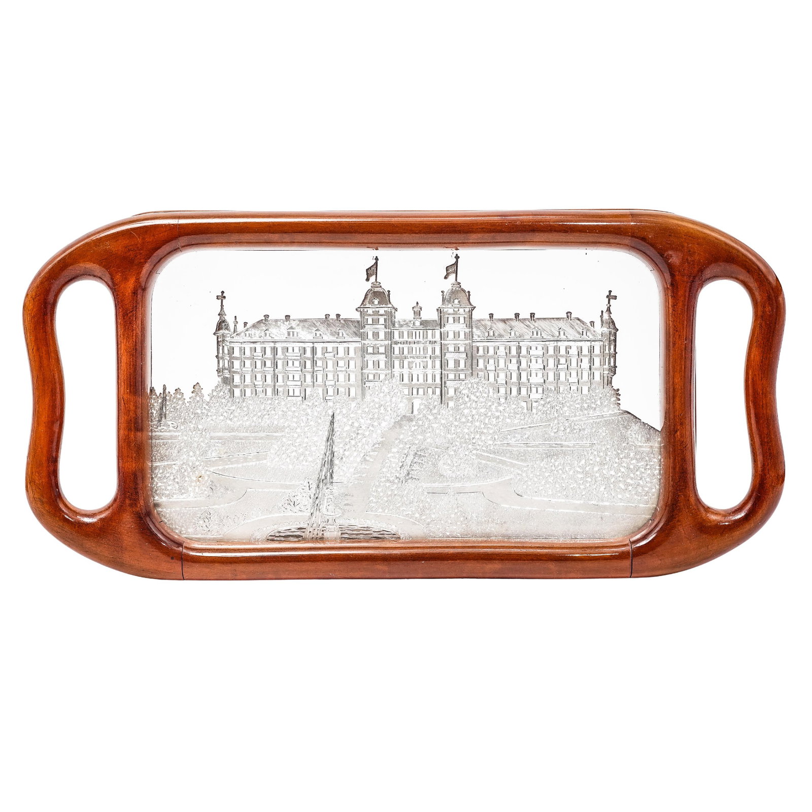 Hotel Des Bains Sterling Silver and Wooden Tray: (20th century, France 1 Silver leaf depiction of the Hotel Des Bains located in France enclosed in glass paneling and encased in a wooden frame with handles to make a serving or catch-all tray. Tray H