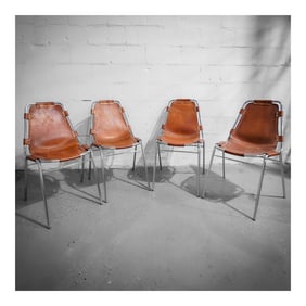 (4 pcs) Charlotte Perriand (French, 1903-1999) "Les Arcs" Metal and Leather Chairs