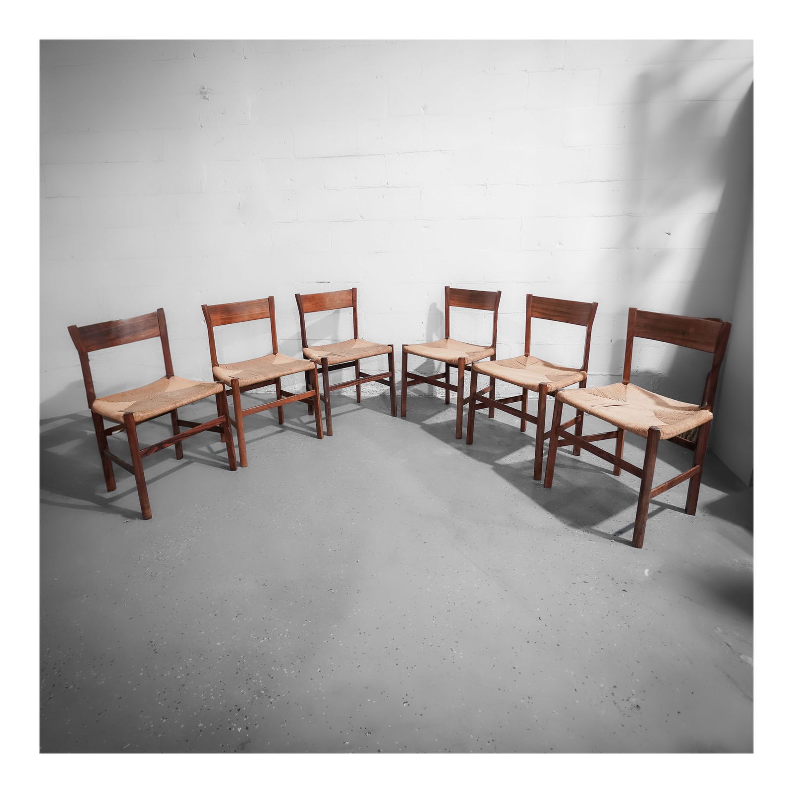 (6 pcs) Borge Mogensen (Danish, 1914-1972) Oak and Woven Straw Chairs: (6 pcs) Borge Mogensen (Danish, 1914-1972) Oak and Woven Straw Chairscirca 1960s, DenmarkA set of six solid oak with woven straw seat chairs designed by Borge Mogensen (Danish, b. 1914 d. 1972).H 31"