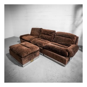 Gerard Guermonprez Stainless Steel and Brown Velvet Extendable Sofa