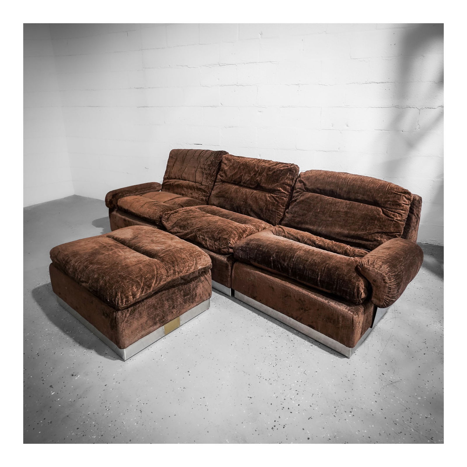 Gerard Guermonprez Stainless Steel and Brown Velvet Extendable Sofa (1 of 7)