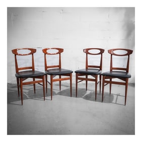 (4 pcs) Style of Roger Landault Scandinavian Openwork Teak and Vinyl Chairs