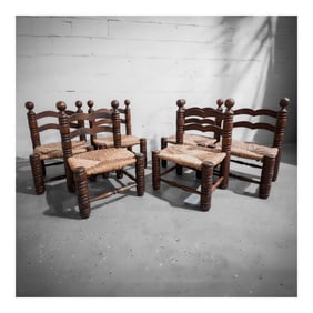 (6 pcs) Charles Dudouyt (French, 1885-1946) "Fireplace" Woven Grass and Wood Chairs