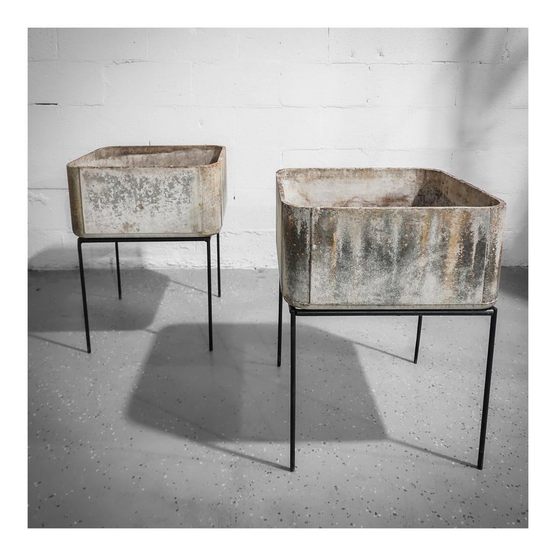 Pair of Willy Guhl (Swiss, 1915-2004) Painted Concrete Square Planters: Pair of Willy Guhl (Swiss, 1915-2004) Painted Concrete Square Planterscirca 1960s, SwissA pair of Willy Guhl (Swiss, b. 1915 d. 2004) concrete square planters. Marked on bottom with pressed numbers. M