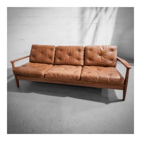 Arne Norell-Style Scandinavian Leather and Wood 3-Seat Sofa