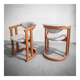 Karl Springer (German, b. 1931) Brutalist Wood and Tweed Armchairs