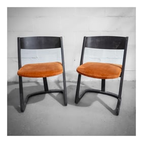 Pair of Willy Rizzo (Italian, 1928-2013) Postmodern Wood and Orange Fabric Chairs