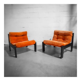 Pair of Vintage Orange Corduroy Upholstered Wooden and Metal Chairs