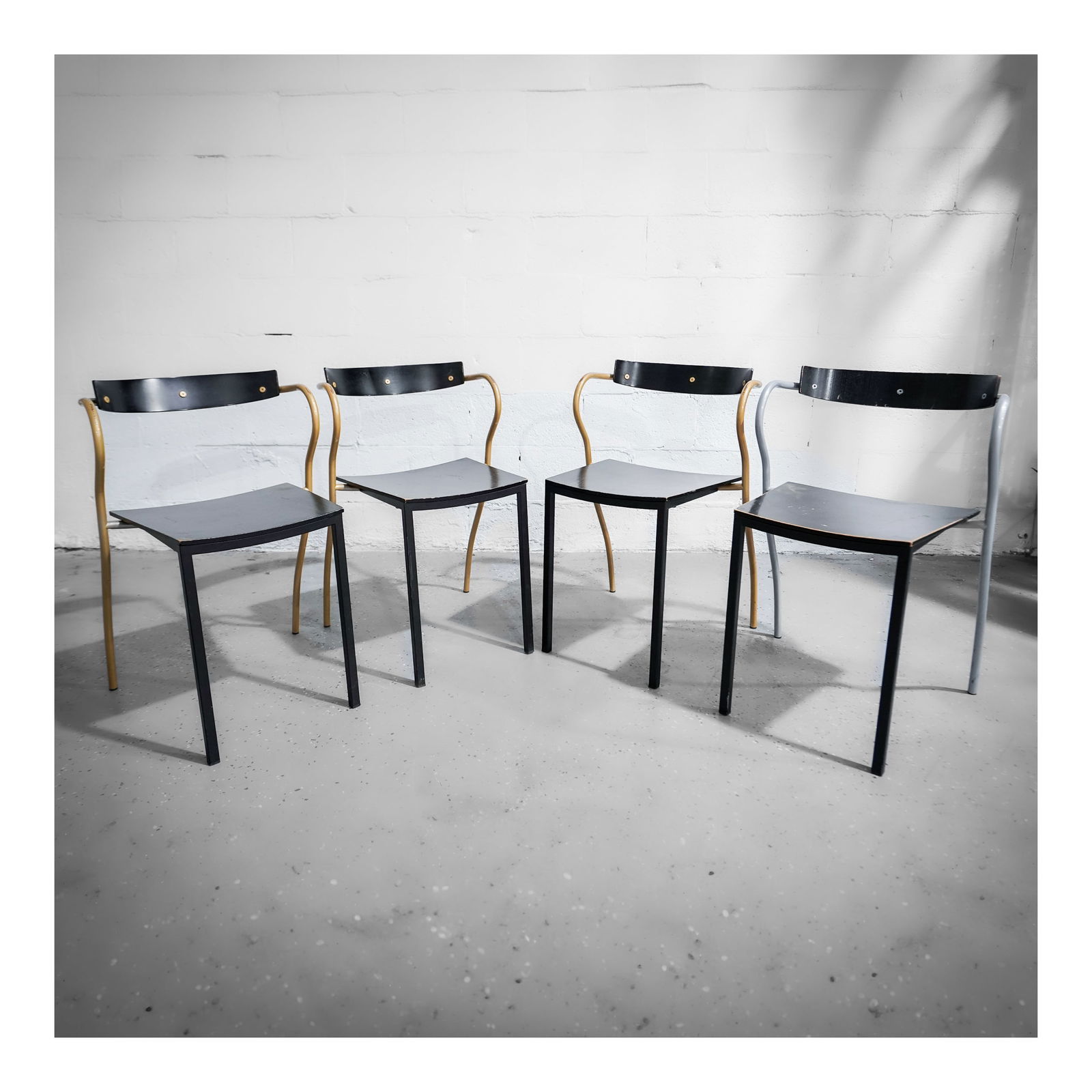 (4 pcs) Pascal Mourgue (French, 1943-2014) for Artelano "Rio" Stackable Chairs: (4 pcs) Pascal Mourgue (French, 1943-2014) for Artelano "Rio" Stackable Chairscirca 1991, FranceA set of four stackable black enameled wood chairs with metal framework and legs by Pascal Mourgue (Fren