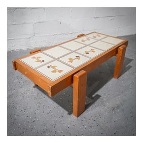 Vintage French Pine and Floral Ceramic Tile Coffee Table