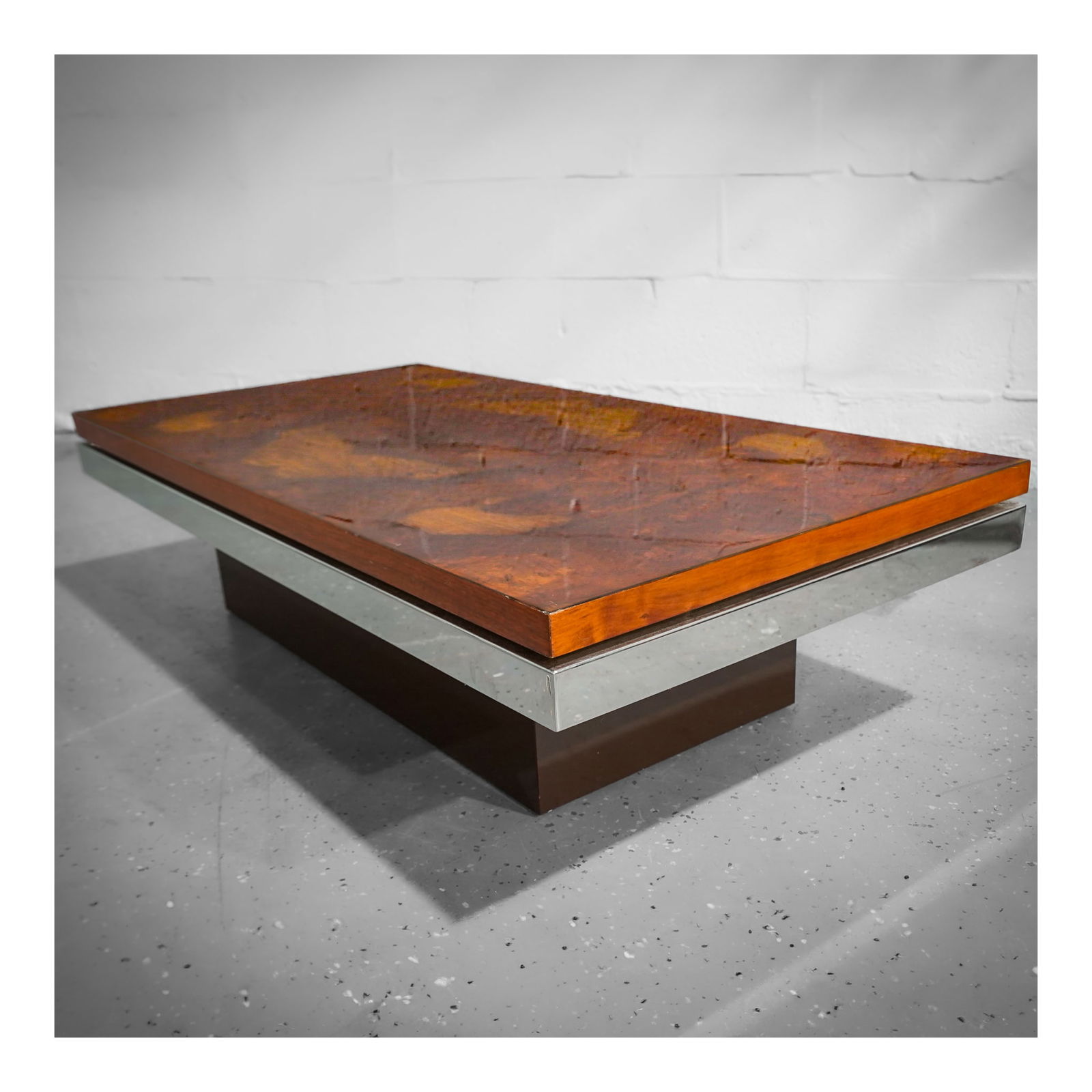 Italian Postmodern Geometric Mixed Veneer and Mirrored Chrome Table (1 of 6)